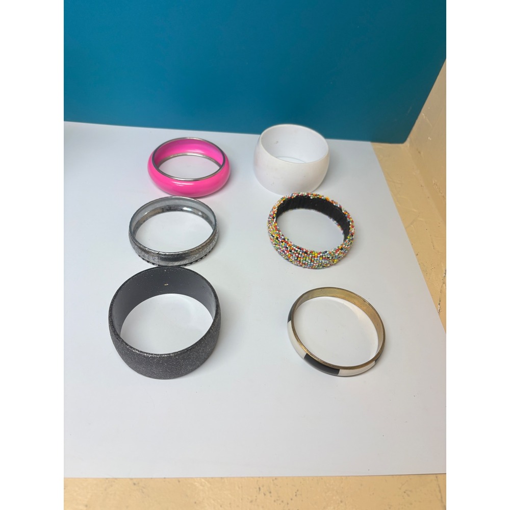 Vintage‎ Mixed Bangle Bracelet Lot 6pc Boho Beaded Pink Resin Silver Etched Cuff